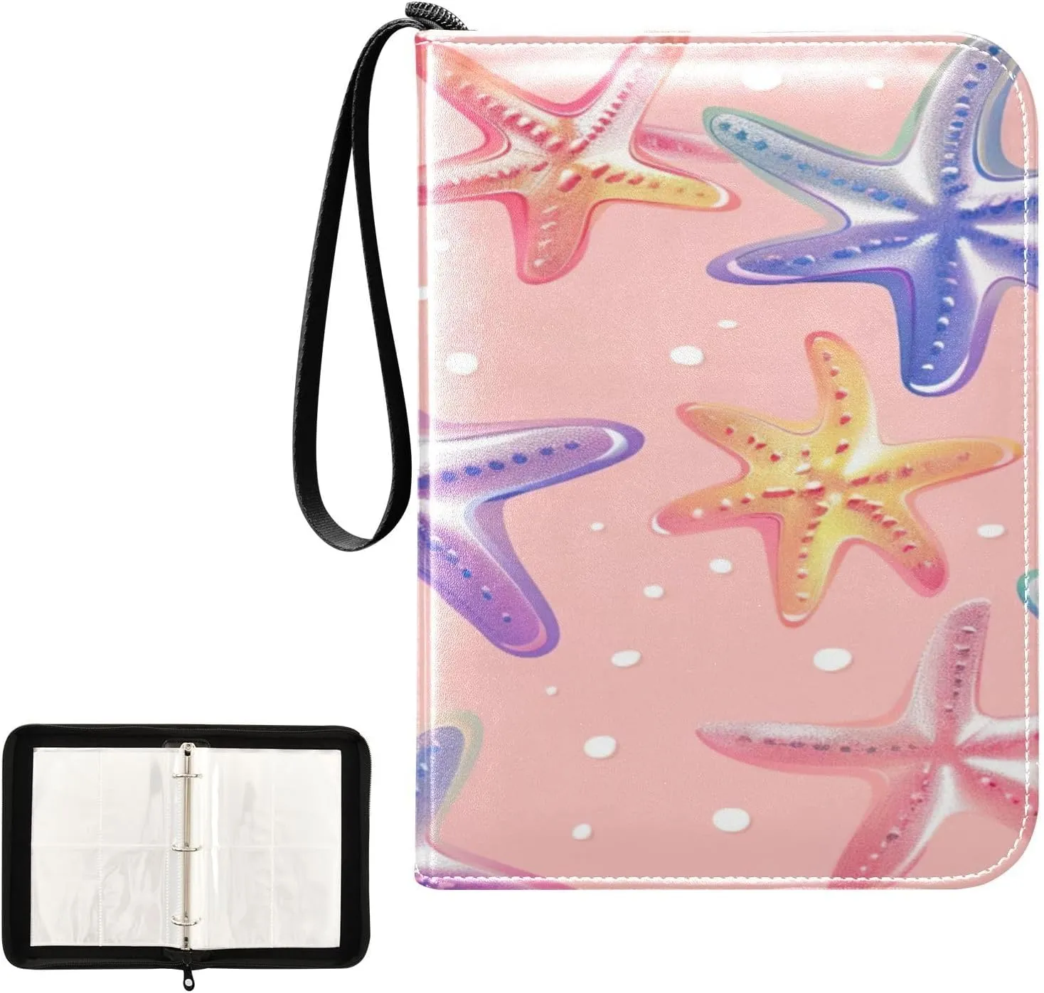 Beautiful Colorful Starfish Collectible Trading Card Albums, Waterproof PU Card Collection Binder Fits 400 Cards with Removable Sleeves for Baseball Card, Football Card