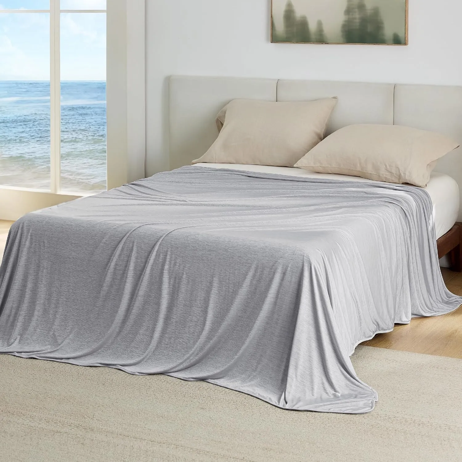 Bedsure Light Grey Cooling Blanket Queen Size for Hot Sleepers - Spring Summer Blanket for Queen Size Bed with Rayon Derived from Bamboo, Ice Cool Cold Arc-Chill Thin Summer Bedding Essentials, 90x90