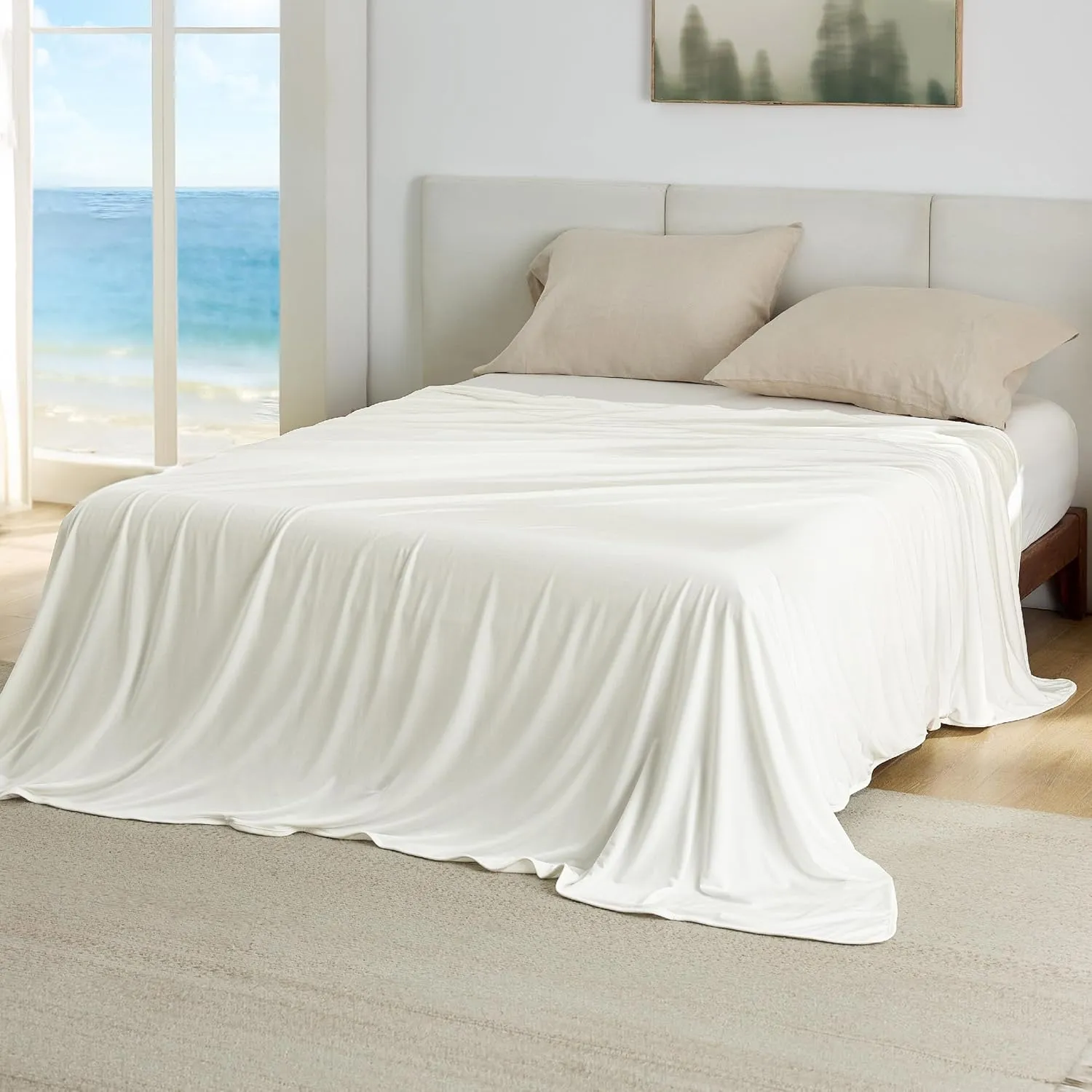 Bedsure Off White Cooling Blanket Queen Size for Hot Sleepers - Spring Summer Blanket for Queen Size Bed with Rayon Derived from Bamboo, Ice Cool Cold Arc-Chill Thin Summer Bedding Essentials, 90x90