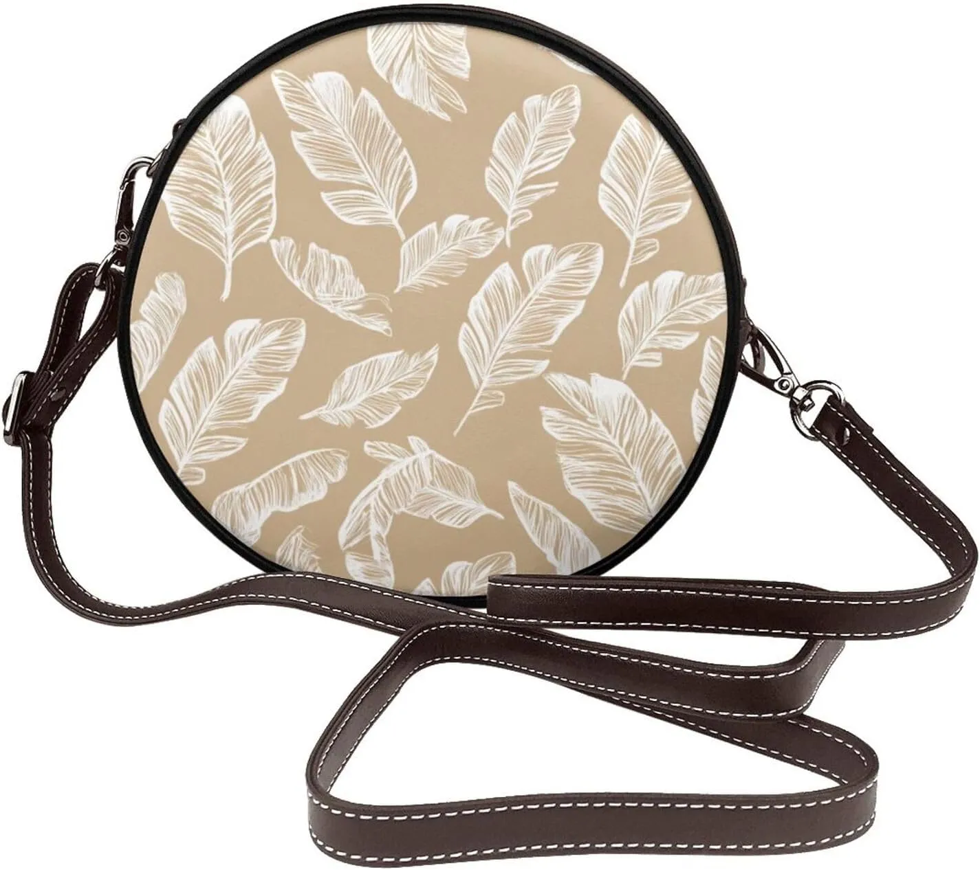 Beige Banana Leaves Boho Women Round Crossbody Bags Leather Sling Bag Purse