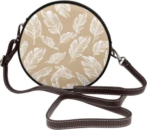 Beige Banana Leaves Boho Women Round Crossbody Bags Leather Sling Bag Purse