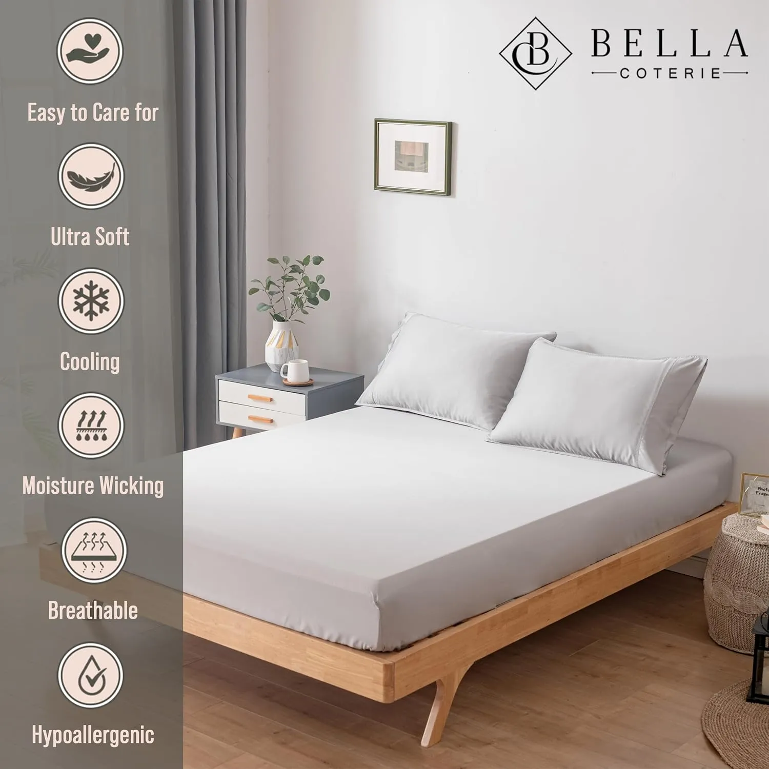 Bella Coterie Luxury Bamboo King Size Fitted Sheet | 100% Organically Grown Bamboo Viscose | Ultra Soft | Cooling for Hot Sleepers | 18" Deep Pocket [Grey Mist]