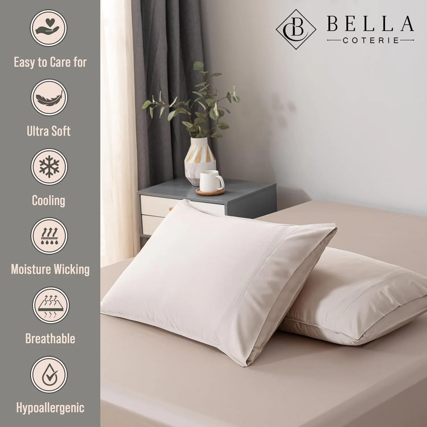 Bella Coterie | Luxury Bamboo King Size Pillowcase Set | 100% Organically Grown Bamboo Viscose | Ultra Soft | Cooling | 2 Pcs [Dune]