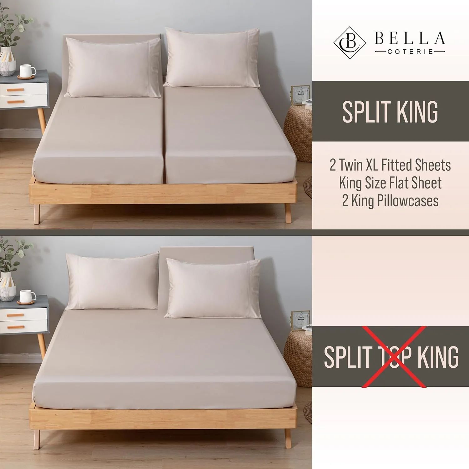 Bella Coterie Luxury Bamboo Viscose Split King Size Sheet Set | 100% Organically Grown | Ultra Soft | Cooling for Hot Sleepers | 18" Deep Pocket [Dune]