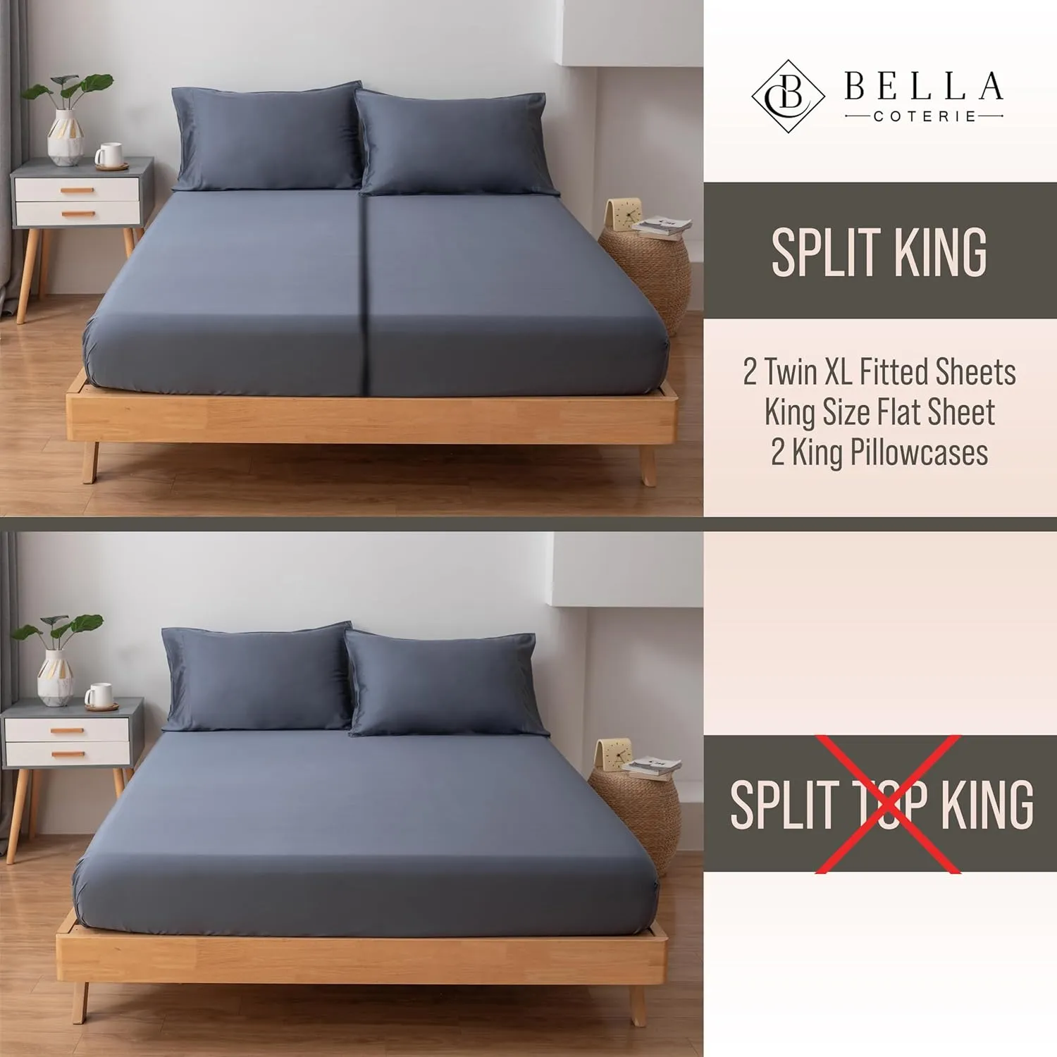 Bella Coterie Luxury Bamboo Viscose Split King Size Sheet Set | 100% Organically Grown | Ultra Soft | Cooling for Hot Sleepers | 18" Deep Pocket [Slate Blue]