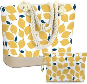 BELLOWDEER Beach Bags for Women, Wet Bag Cosmetic Bag, Pool Waterproof Shoulder Tote Bags, Pocket Zipper Summer Travel Essentials, Gifts for Women Birthday - Lemon (2-Piece Set)