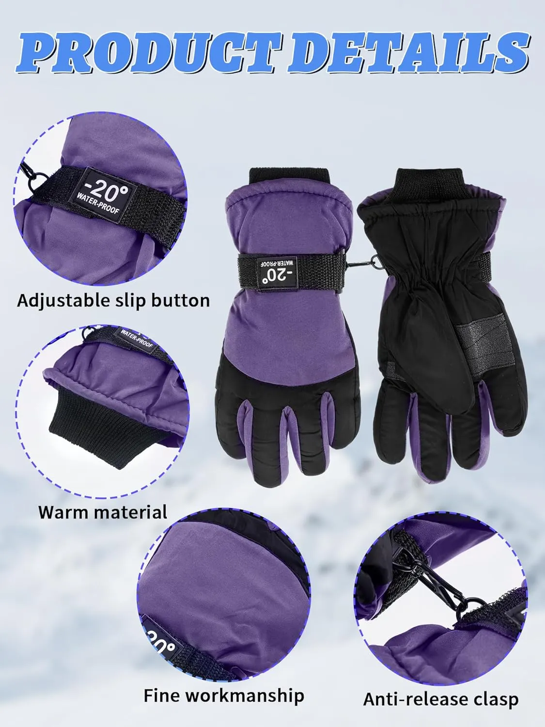 Bencailor 3 Pairs Kids Winter Gloves Waterproof Snow Ski Gloves Warm Windproof Adjustable Mittens for Boy Girl Outdoor