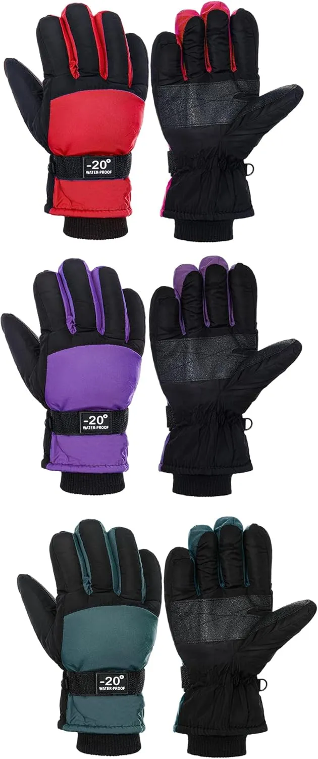 Bencailor 3 Pairs Kids Winter Gloves Waterproof Snow Ski Gloves Warm Windproof Adjustable Mittens for Boy Girl Outdoor