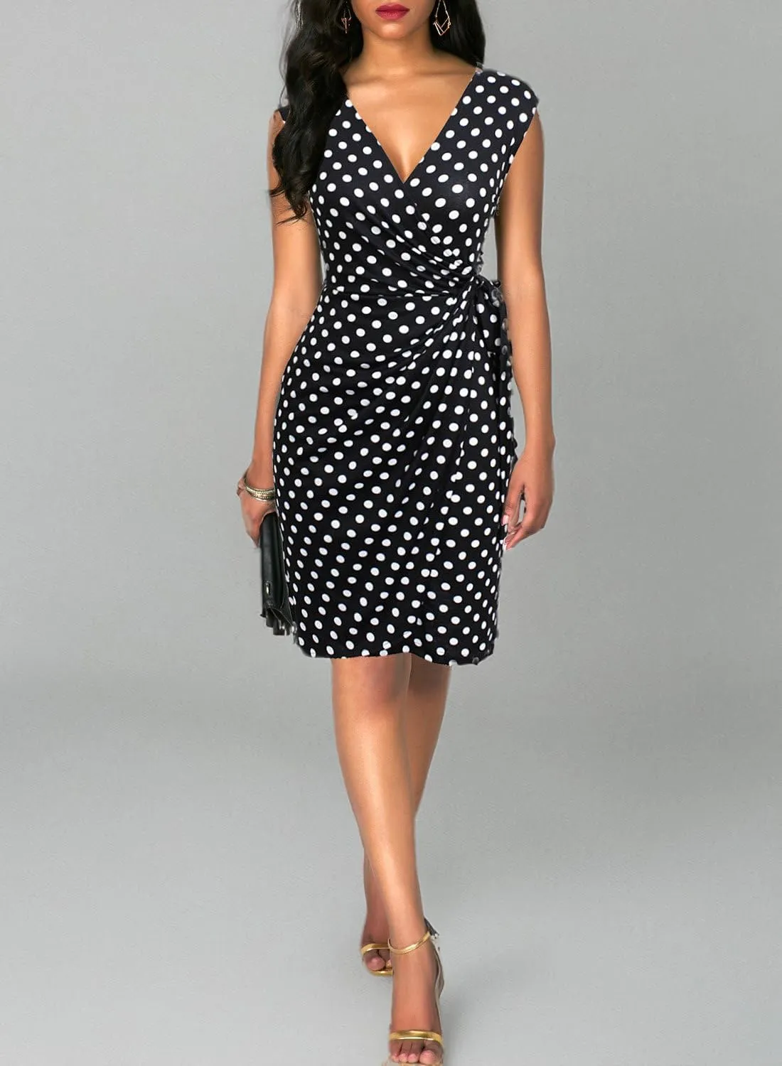 Berydress Women's Vintage V-Neck Sheath Casual Party Work Faux Black Wrap Dress