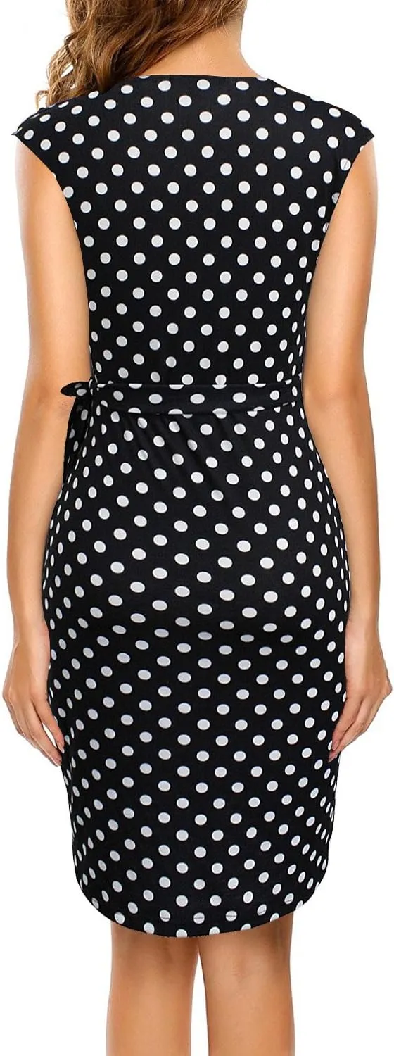 Berydress Women's Vintage V-Neck Sheath Casual Party Work Faux Black Wrap Dress