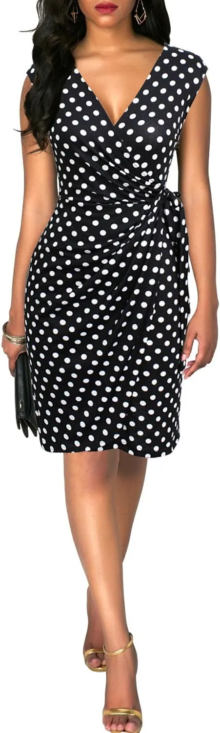 Berydress Women's Vintage V-Neck Sheath Casual Party Work Faux Black Wrap Dress