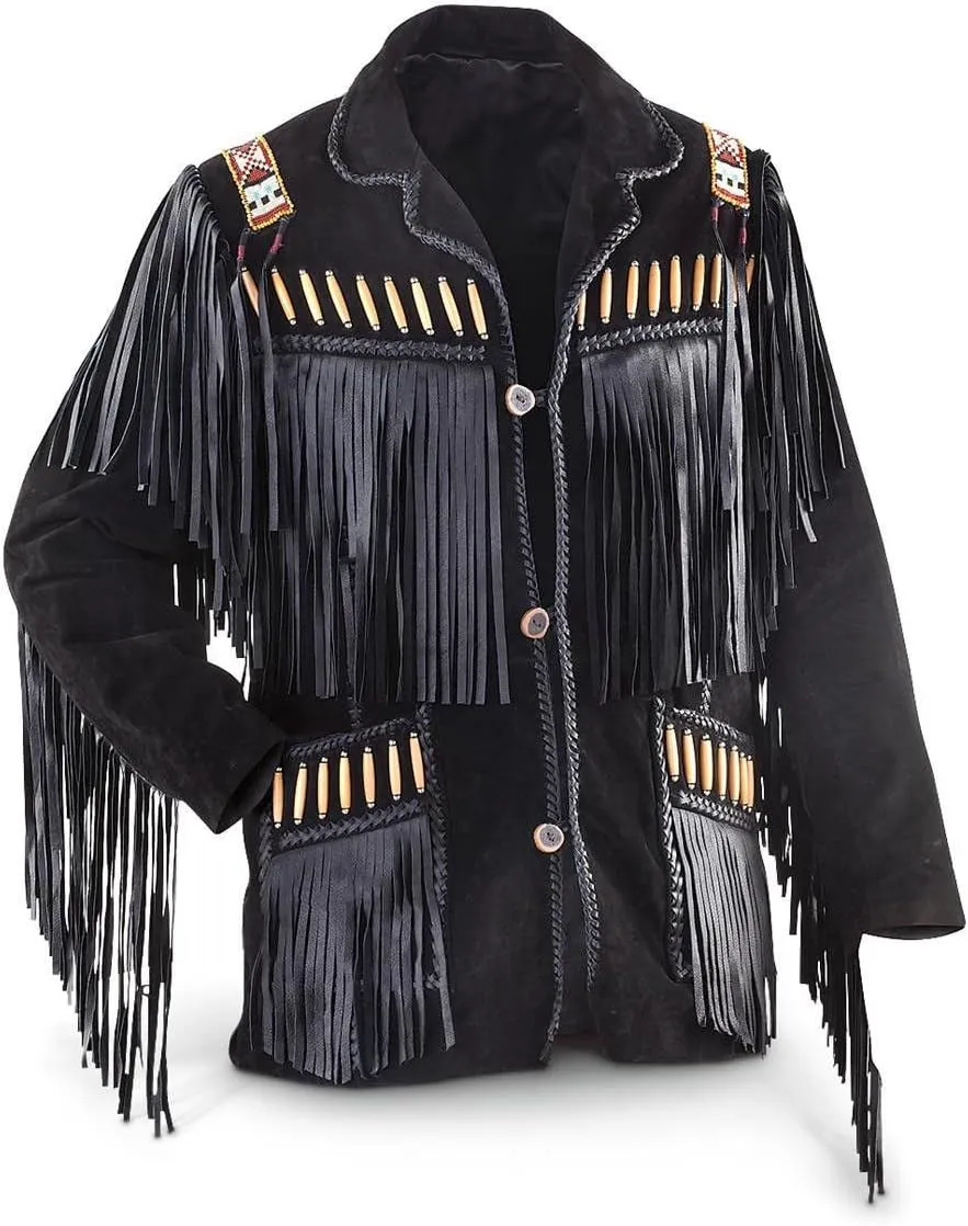 Bestzo Men's Western Eagle Cowboy Fringed & Boned Suede Leather Jacket Black XS-5XL