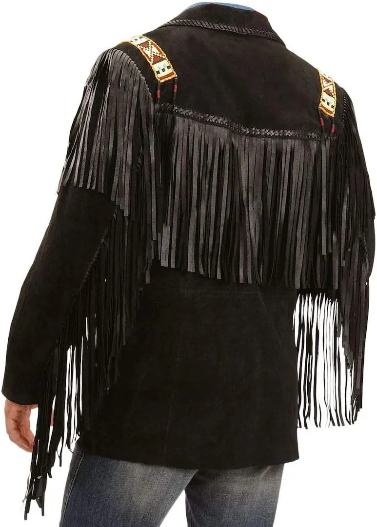 Bestzo Men's Western Eagle Cowboy Fringed & Boned Suede Leather Jacket Black XS-5XL