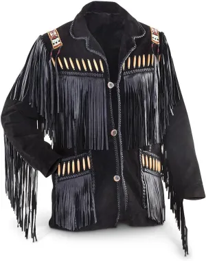Bestzo Men's Western Eagle Cowboy Fringed & Boned Suede Leather Jacket Black XS-5XL