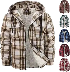 Big and Tall Flannel Jacket for Men Cotton Plaid Fleece Lined Hoodies Sherpa Full Zip Plus Size Fall Winter Warm Coat