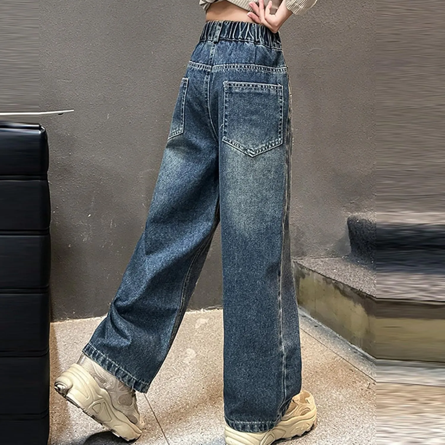 Big Girls Wide Leg Jeans Baggy Heart Embroidery Elastic High Waist Denim Pants Vintage Y2k Streetwear Teen Clothes