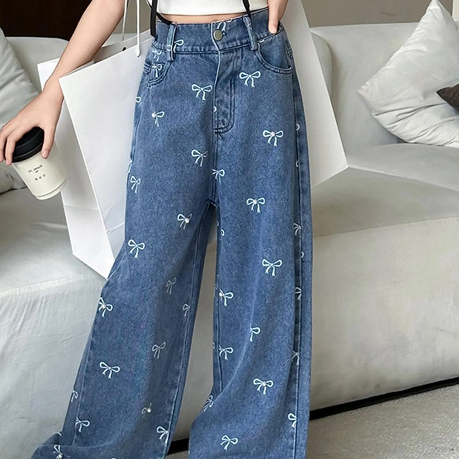 Big Girls Wide Leg Jeans Baggy Heart Embroidery Elastic High Waist Denim Pants Vintage Y2k Streetwear Teen Clothes