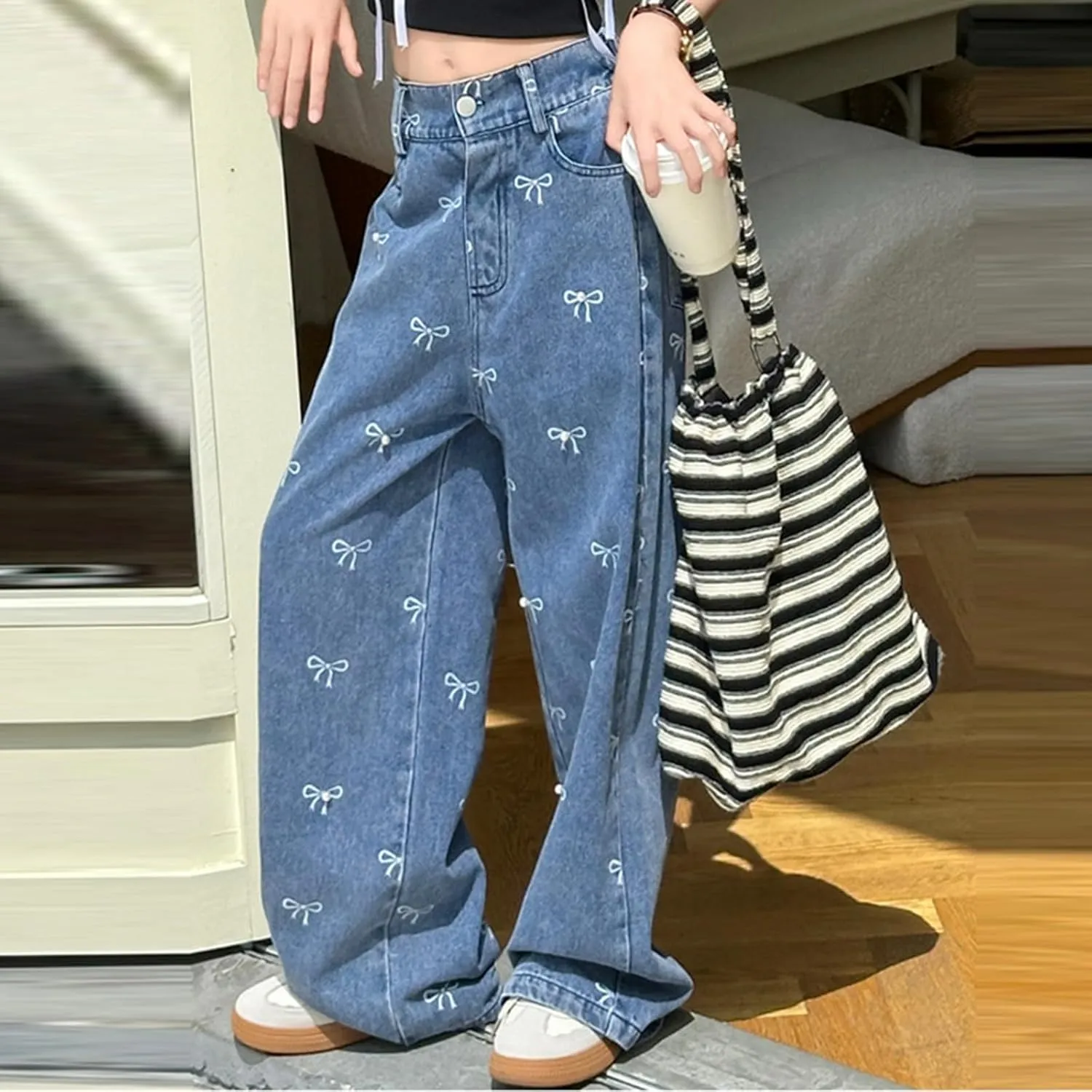 Big Girls Wide Leg Jeans Baggy Heart Embroidery Elastic High Waist Denim Pants Vintage Y2k Streetwear Teen Clothes