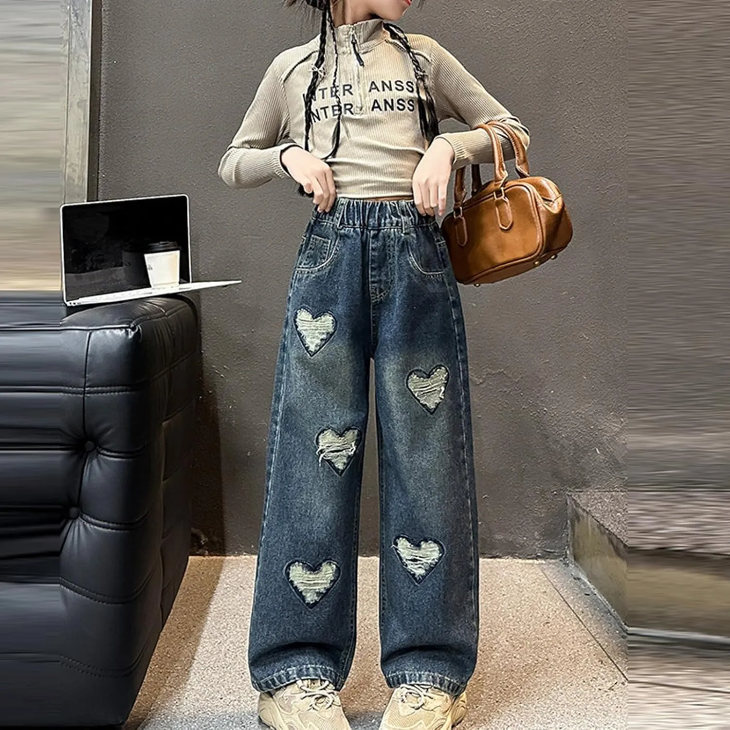 Big Girls Wide Leg Jeans Baggy Heart Embroidery Elastic High Waist Denim Pants Vintage Y2k Streetwear Teen Clothes