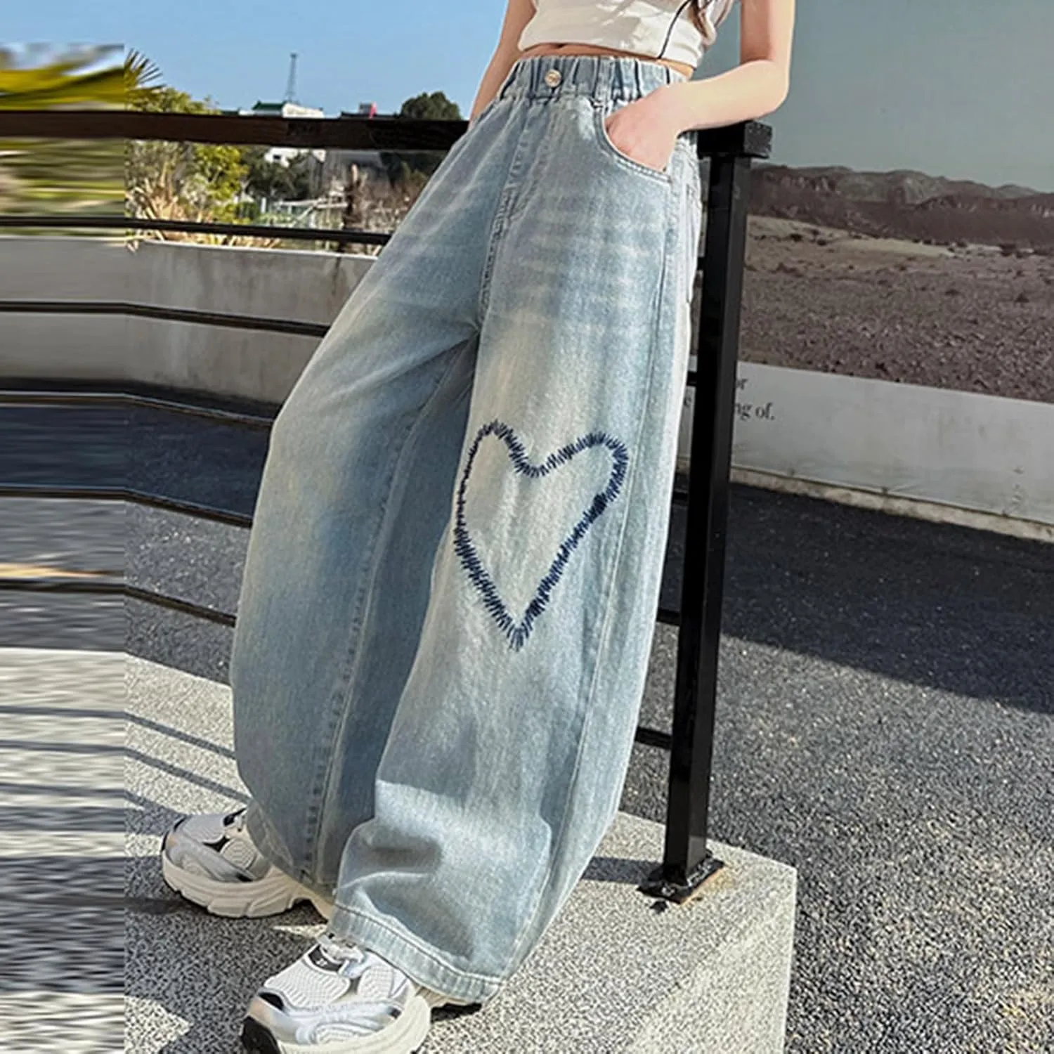 Big Girls Wide Leg Jeans Baggy Heart Embroidery Elastic High Waist Denim Pants Vintage Y2k Streetwear Teen Clothes