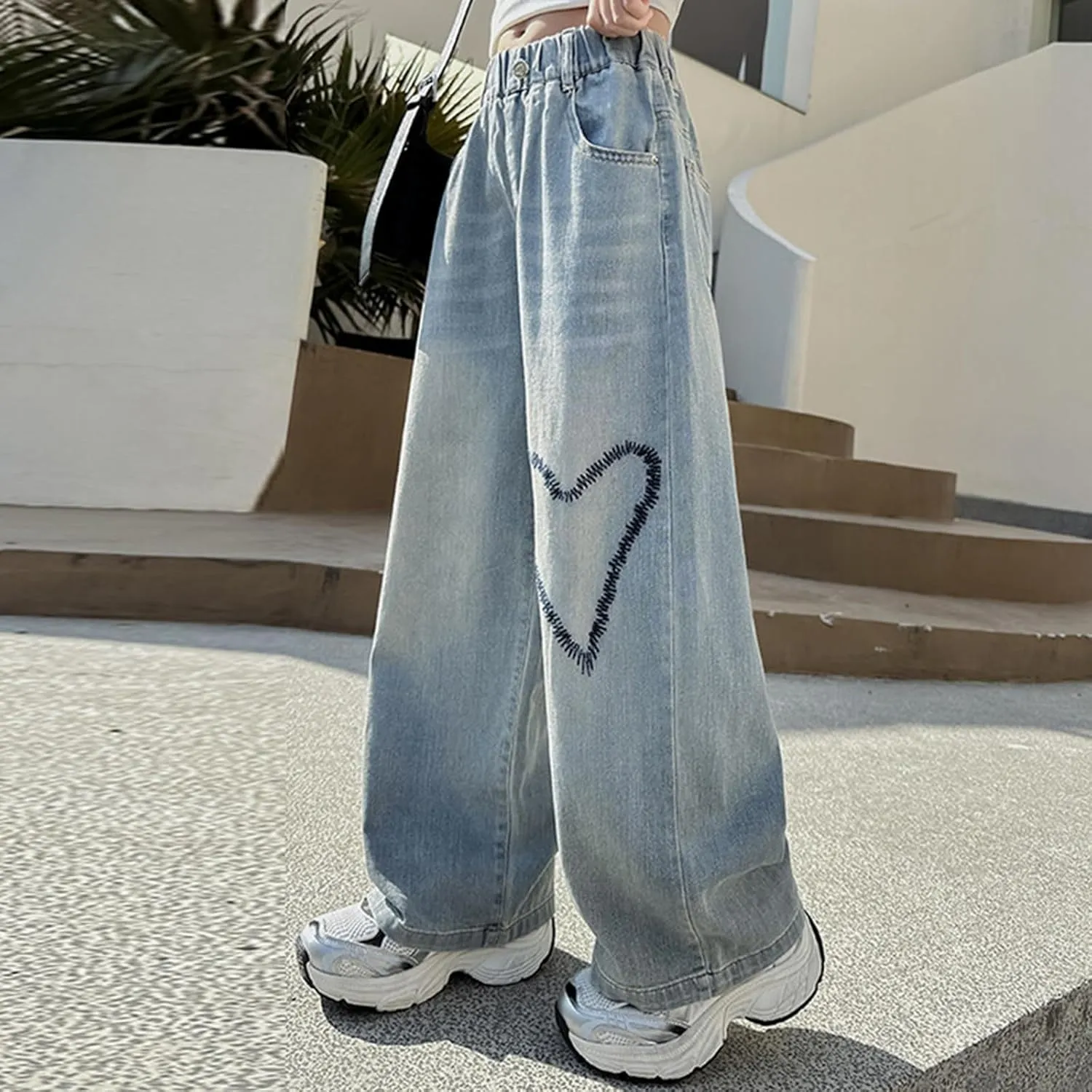 Big Girls Wide Leg Jeans Baggy Heart Embroidery Elastic High Waist Denim Pants Vintage Y2k Streetwear Teen Clothes