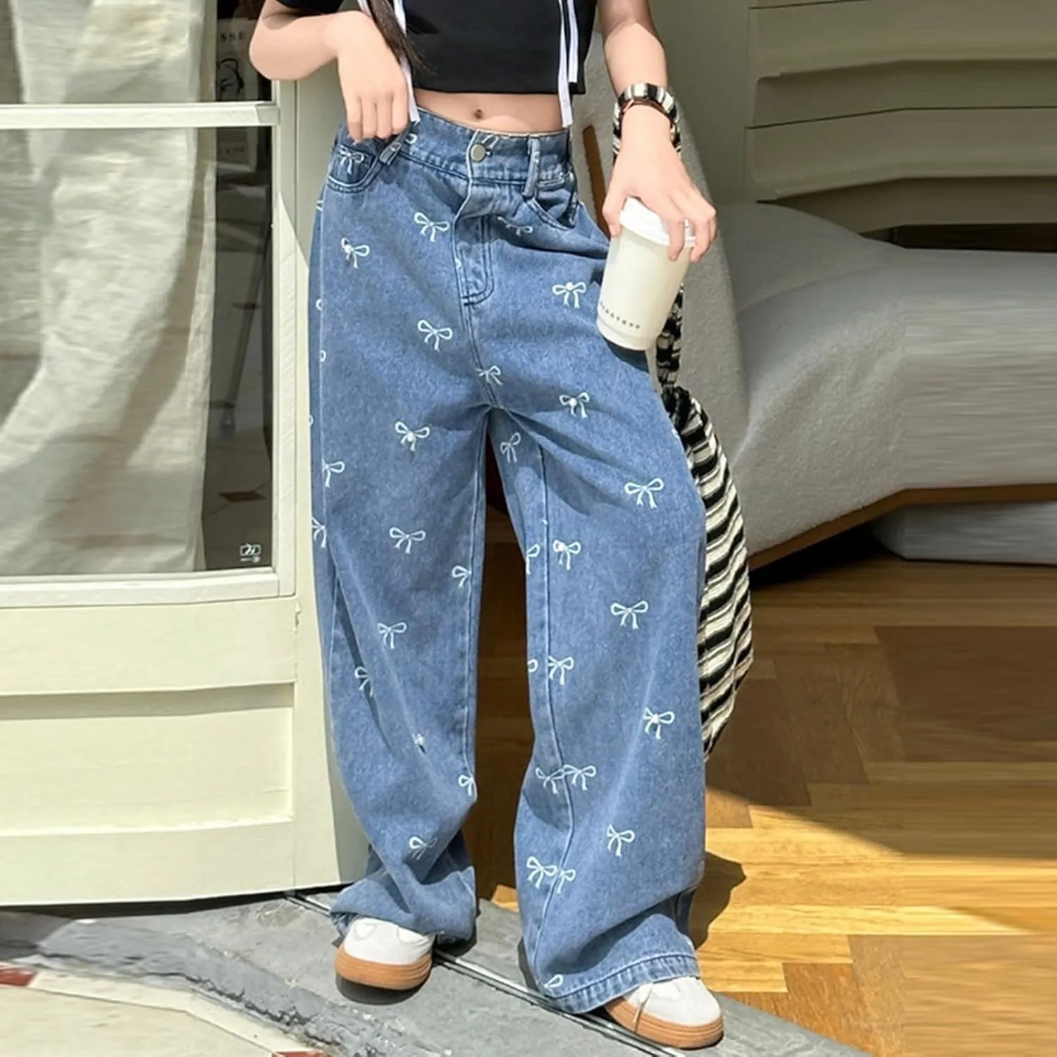 Big Girls Wide Leg Jeans Baggy Heart Embroidery Elastic High Waist Denim Pants Vintage Y2k Streetwear Teen Clothes