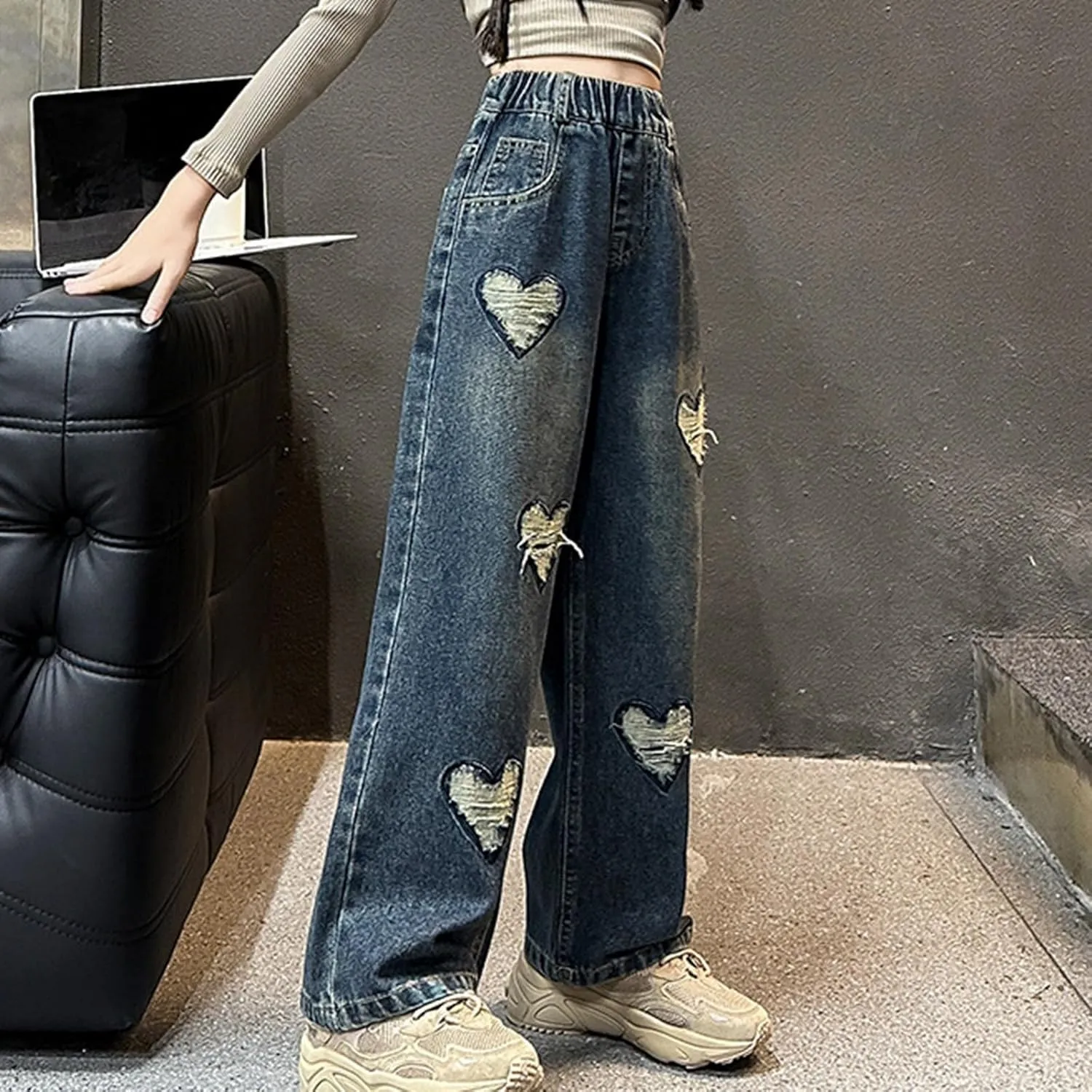 Big Girls Wide Leg Jeans Baggy Heart Embroidery Elastic High Waist Denim Pants Vintage Y2k Streetwear Teen Clothes