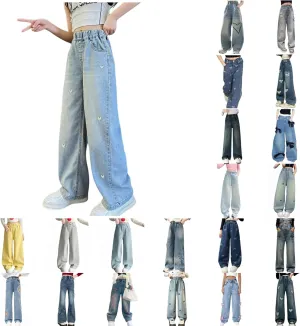 Big Girls Wide Leg Jeans Baggy Heart Embroidery Elastic High Waist Denim Pants Vintage Y2k Streetwear Teen Clothes