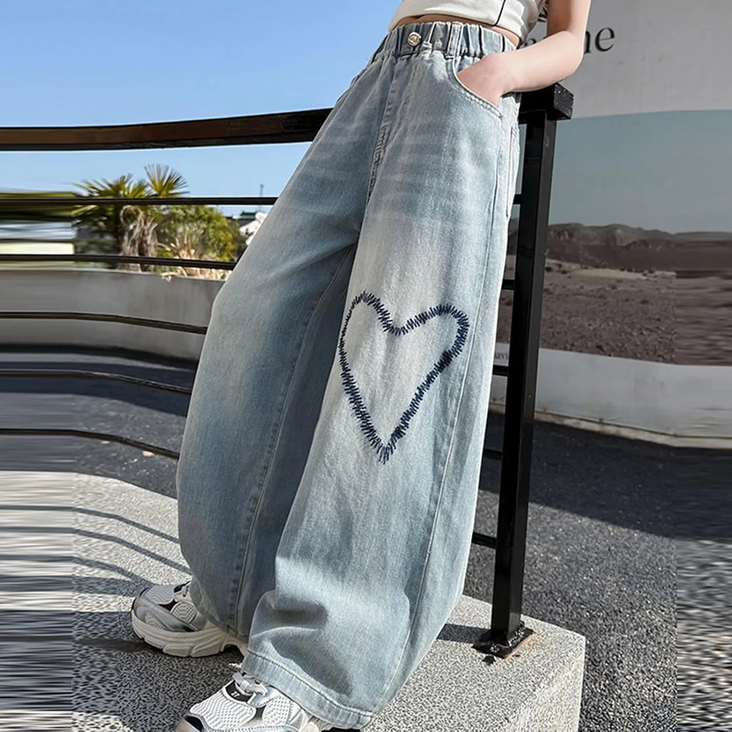 Big Girls Wide Leg Jeans Baggy Heart Embroidery Elastic High Waist Denim Pants Vintage Y2k Streetwear Teen Clothes