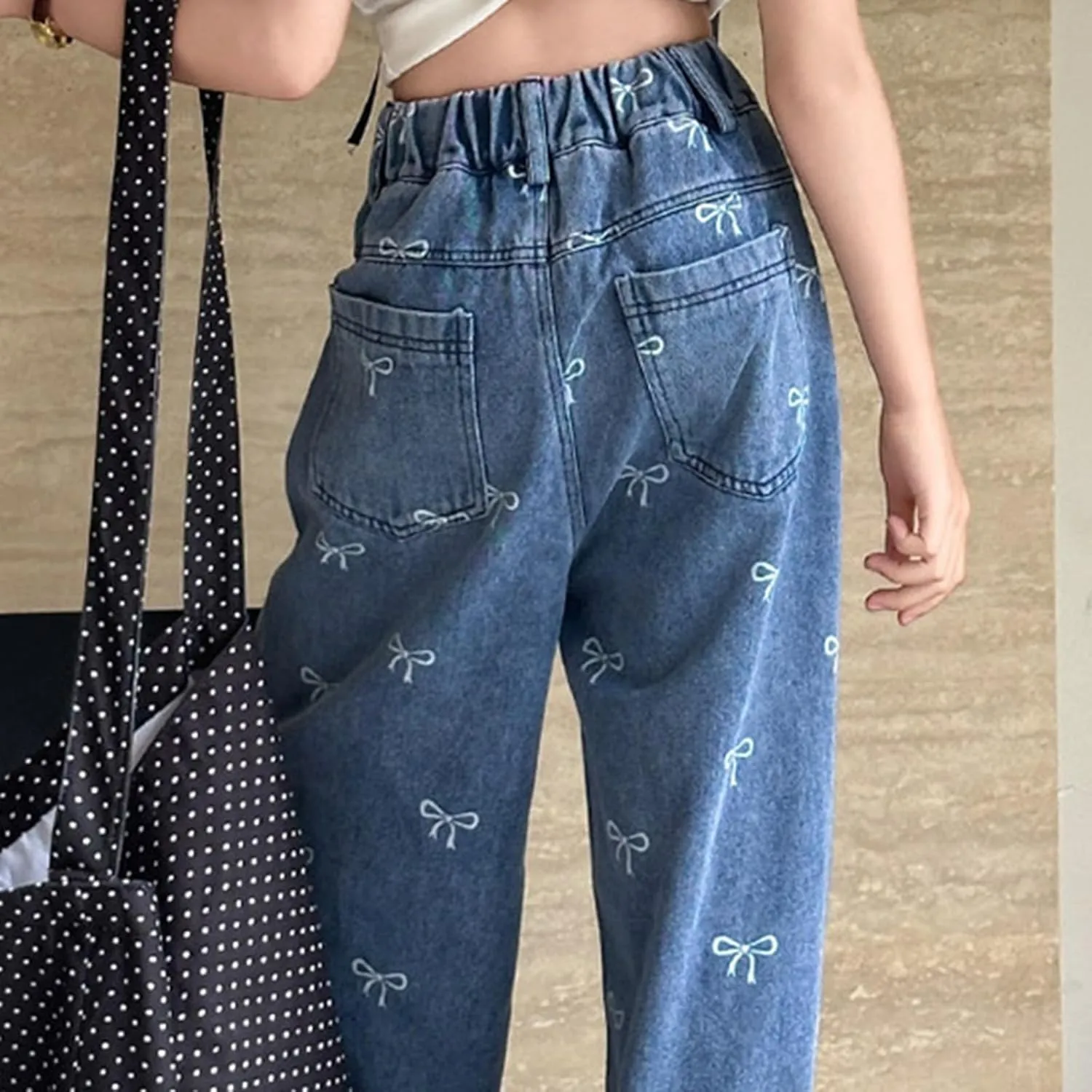 Big Girls Wide Leg Jeans Baggy Heart Embroidery Elastic High Waist Denim Pants Vintage Y2k Streetwear Teen Clothes