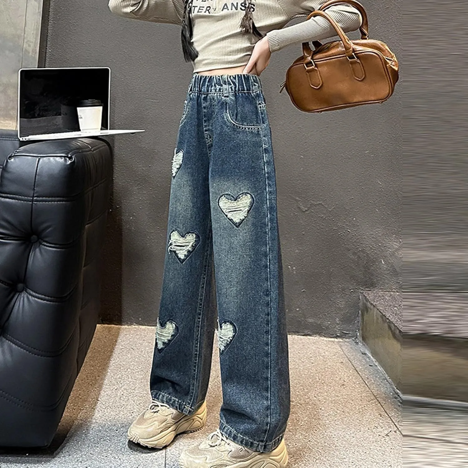 Big Girls Wide Leg Jeans Baggy Heart Embroidery Elastic High Waist Denim Pants Vintage Y2k Streetwear Teen Clothes