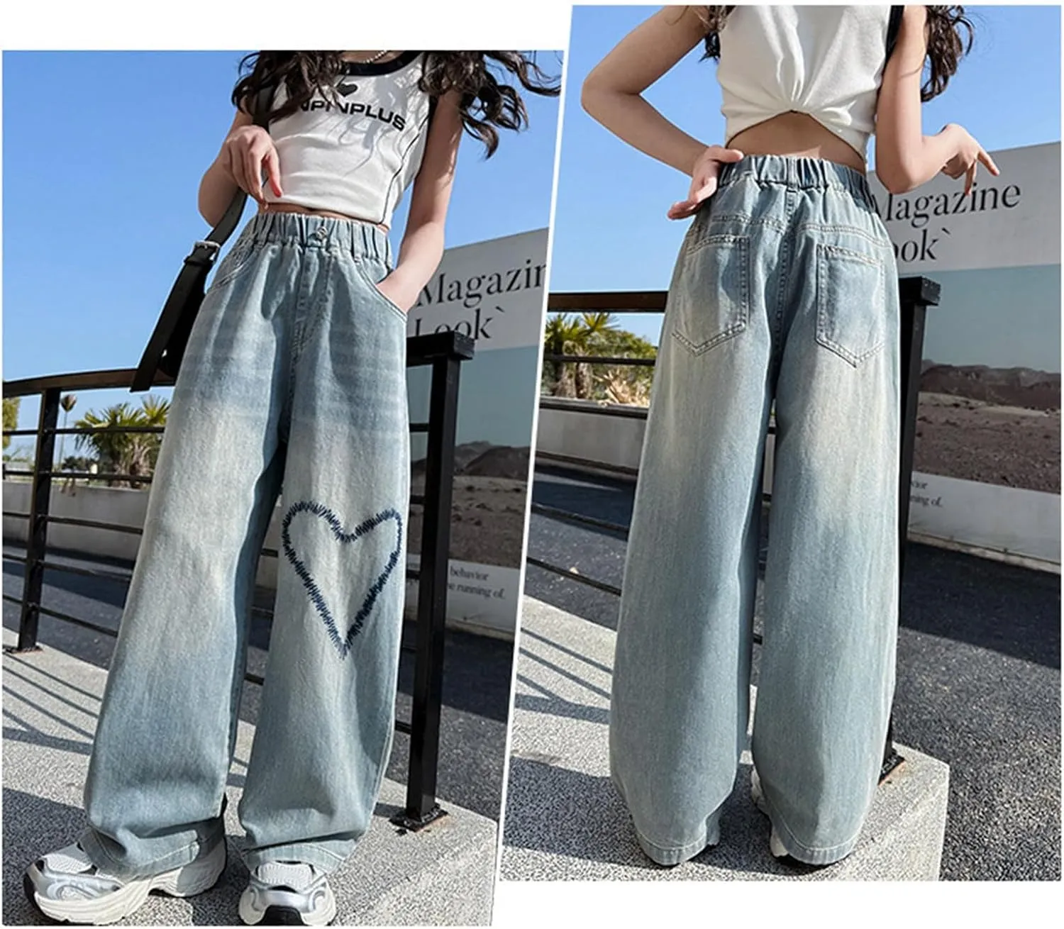 Big Girls Wide Leg Jeans Baggy Heart Embroidery Elastic High Waist Denim Pants Vintage Y2k Streetwear Teen Clothes