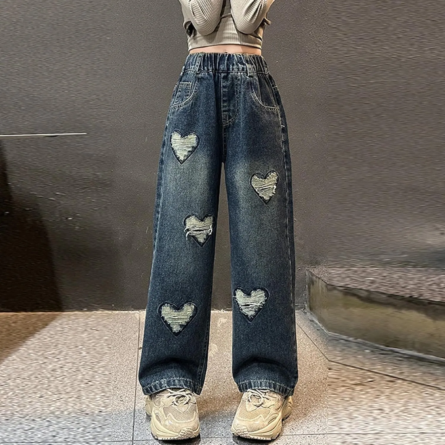 Big Girls Wide Leg Jeans Baggy Heart Embroidery Elastic High Waist Denim Pants Vintage Y2k Streetwear Teen Clothes
