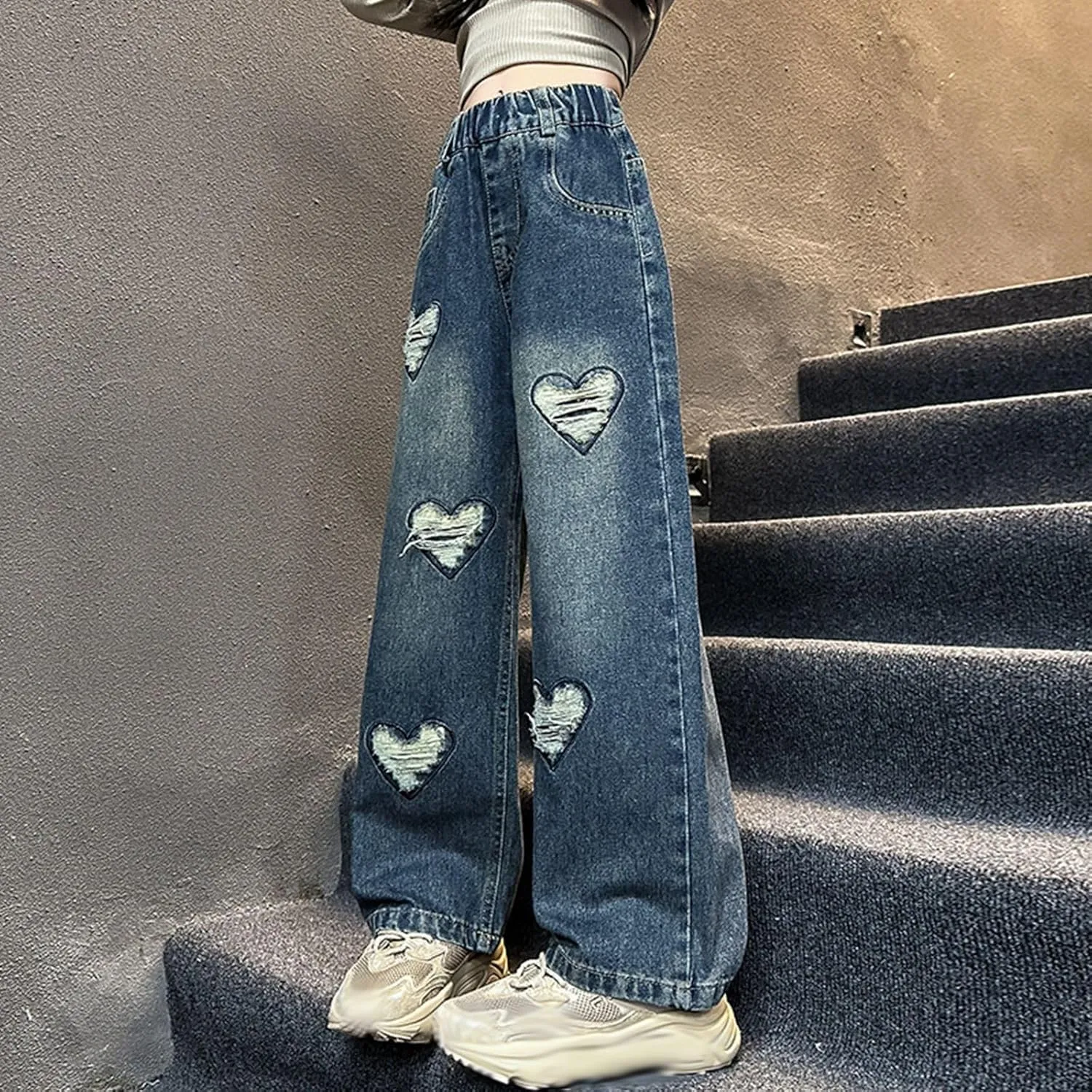 Big Girls Wide Leg Jeans Baggy Heart Embroidery Elastic High Waist Denim Pants Vintage Y2k Streetwear Teen Clothes