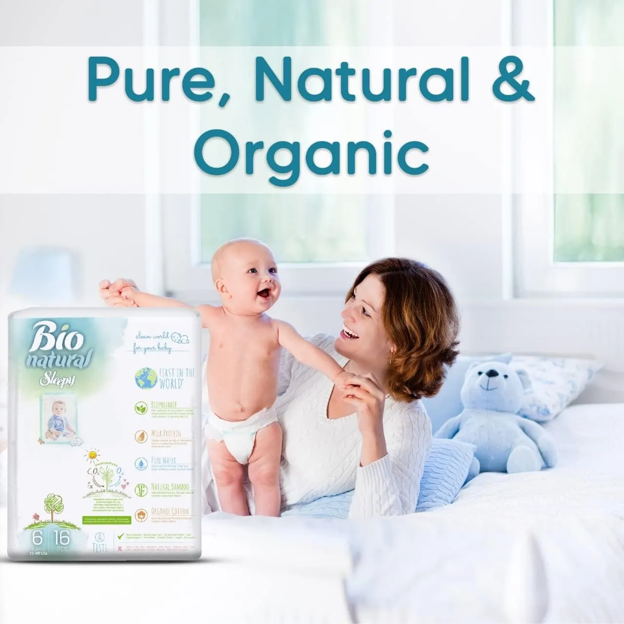 Bio-Natural Sleepy Baby Diapers, 6 X Large, 16 PCS, Made from Organic Cotton and Bamboo Extract, Ultimate Comfort and Dryness, Wetness Indicator