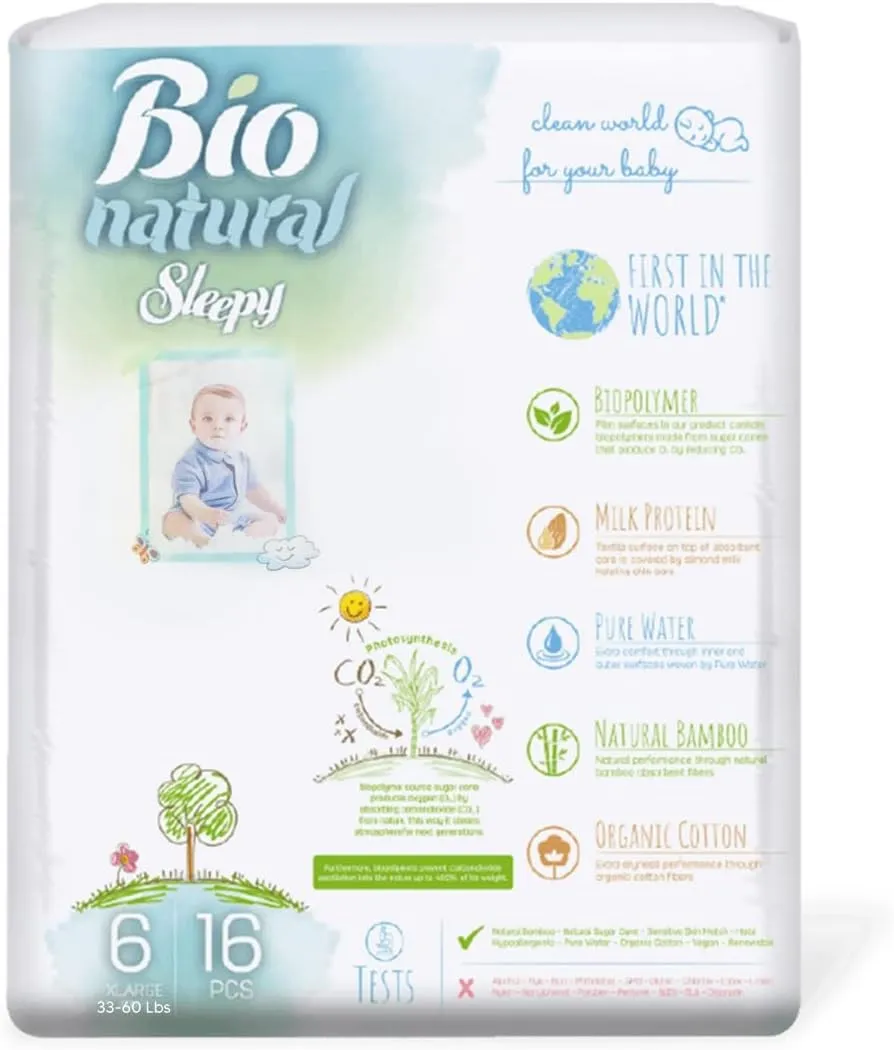 Bio-Natural Sleepy Baby Diapers, 6 X Large, 16 PCS, Made from Organic Cotton and Bamboo Extract, Ultimate Comfort and Dryness, Wetness Indicator