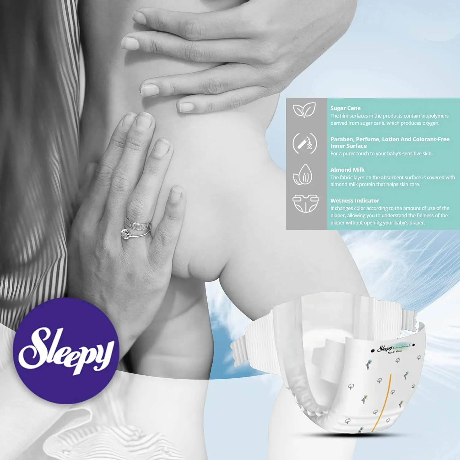Bio-Natural Sleepy Baby Diapers, 6 X Large, 16 PCS, Made from Organic Cotton and Bamboo Extract, Ultimate Comfort and Dryness, Wetness Indicator