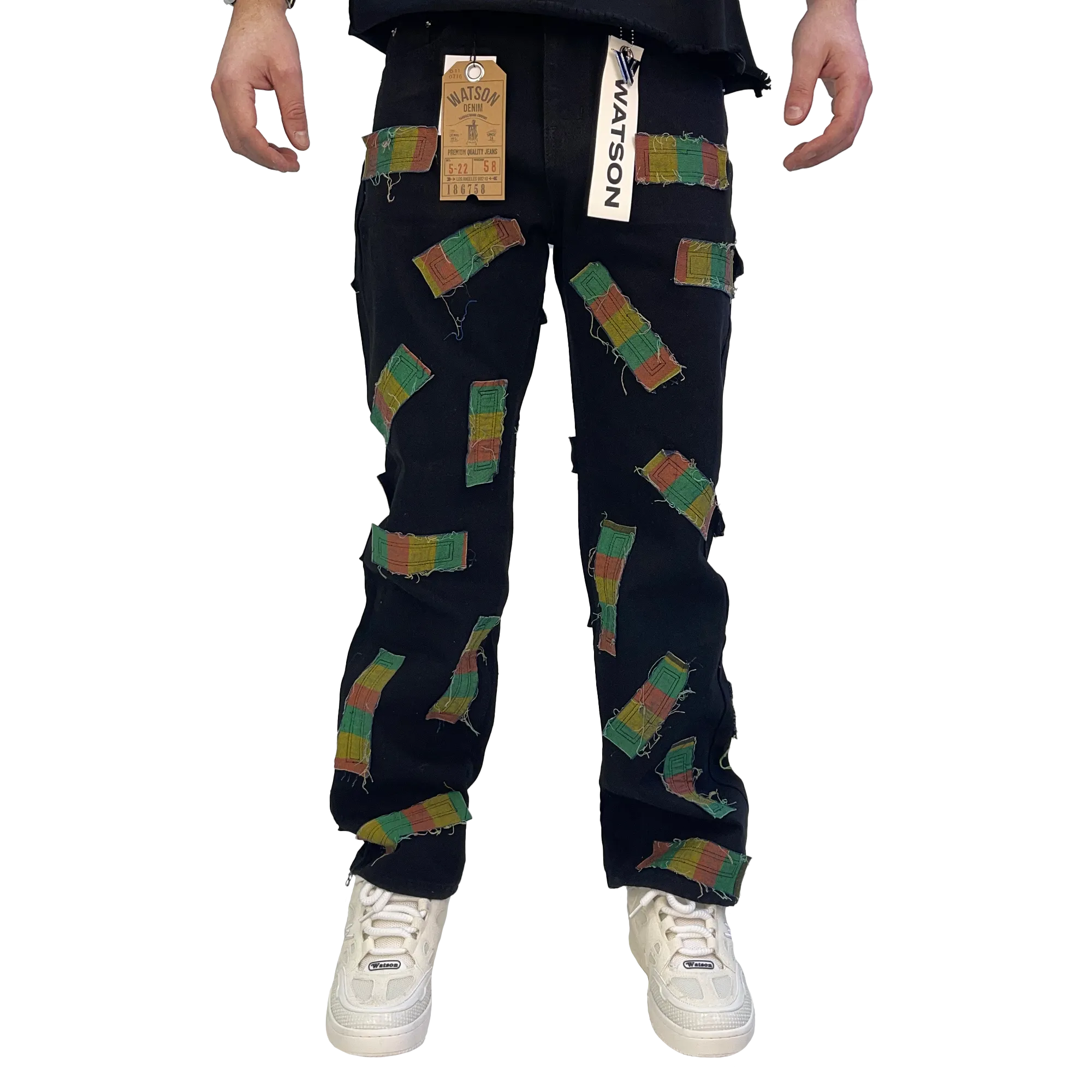 BLACK ALL OVER FRAYED PATCHWORK WATSON DENIM