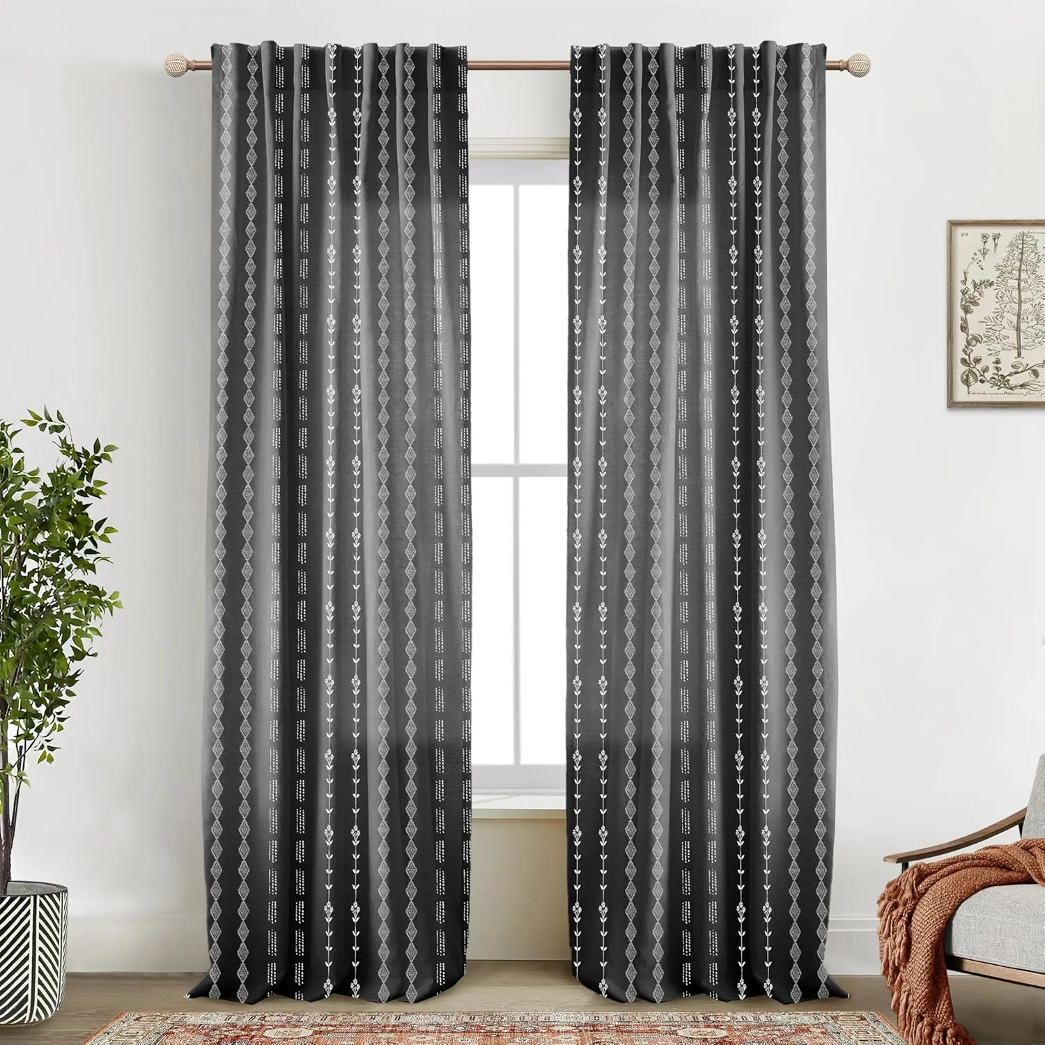 Black and White Boho Floral Curtains for Bedroom Living Room,Aztec Tribal Bohemian Striped Printed Pattern Sheer Curtains 84 Inches Long 2 Panels