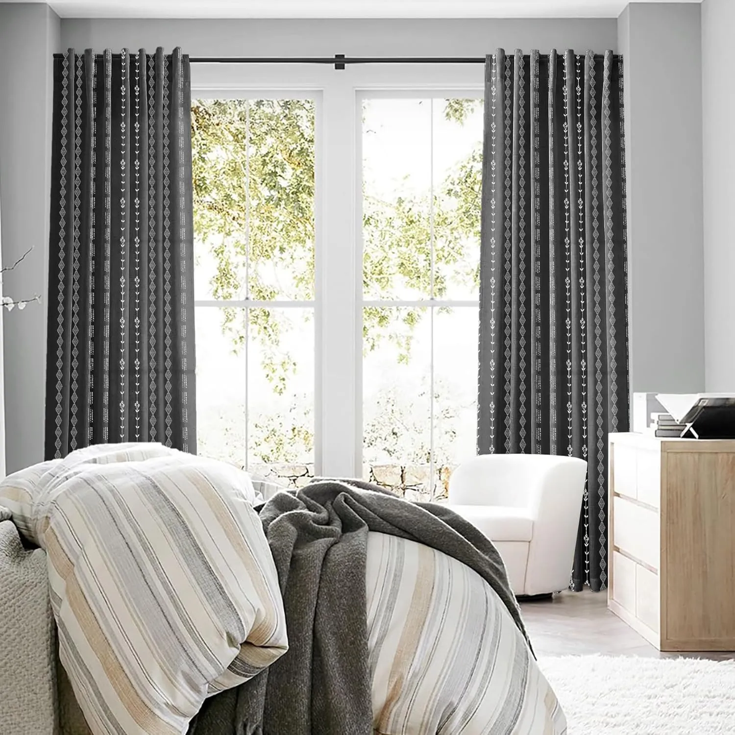 Black and White Boho Floral Curtains for Bedroom Living Room,Aztec Tribal Bohemian Striped Printed Pattern Sheer Curtains 84 Inches Long 2 Panels