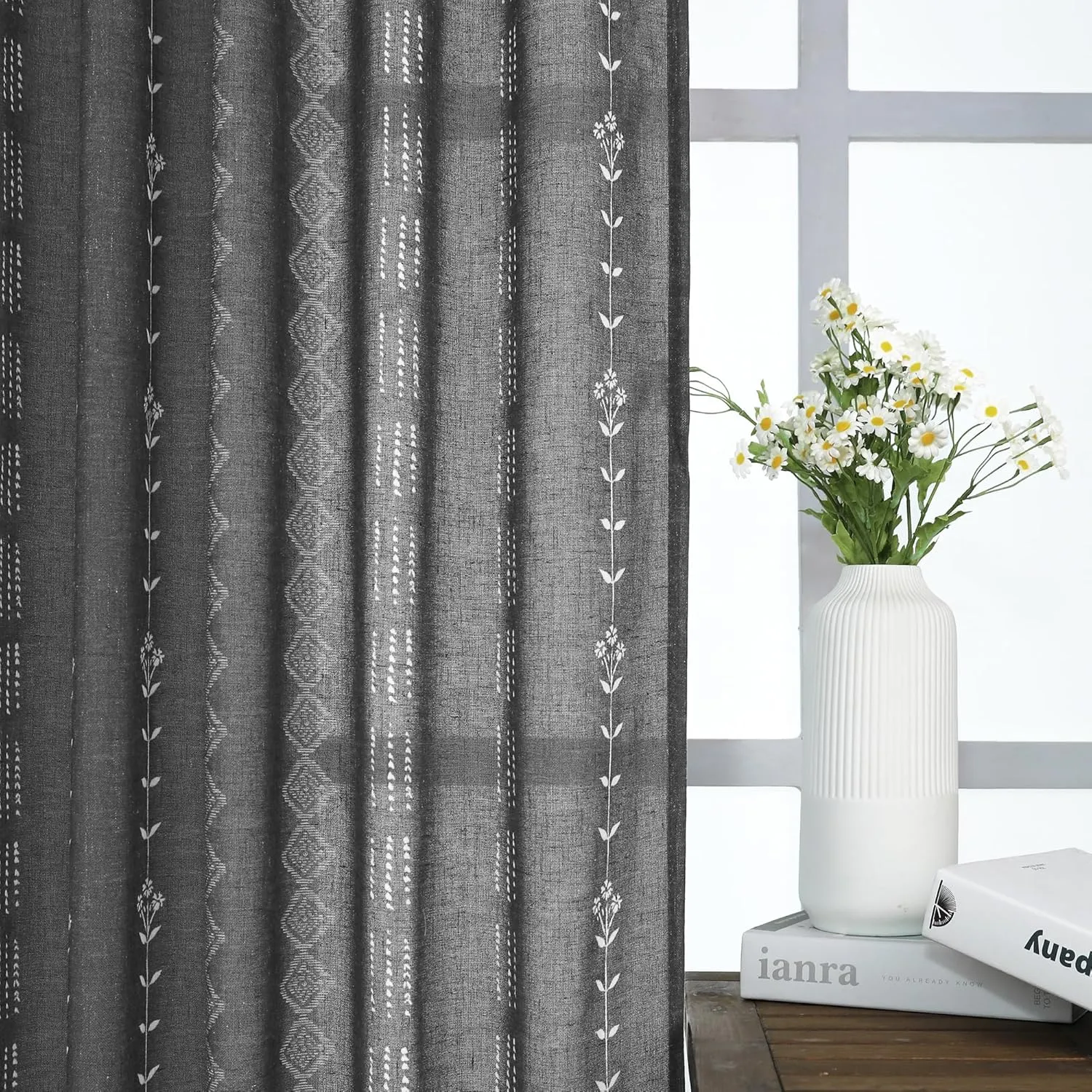 Black and White Boho Floral Curtains for Bedroom Living Room,Aztec Tribal Bohemian Striped Printed Pattern Sheer Curtains 84 Inches Long 2 Panels