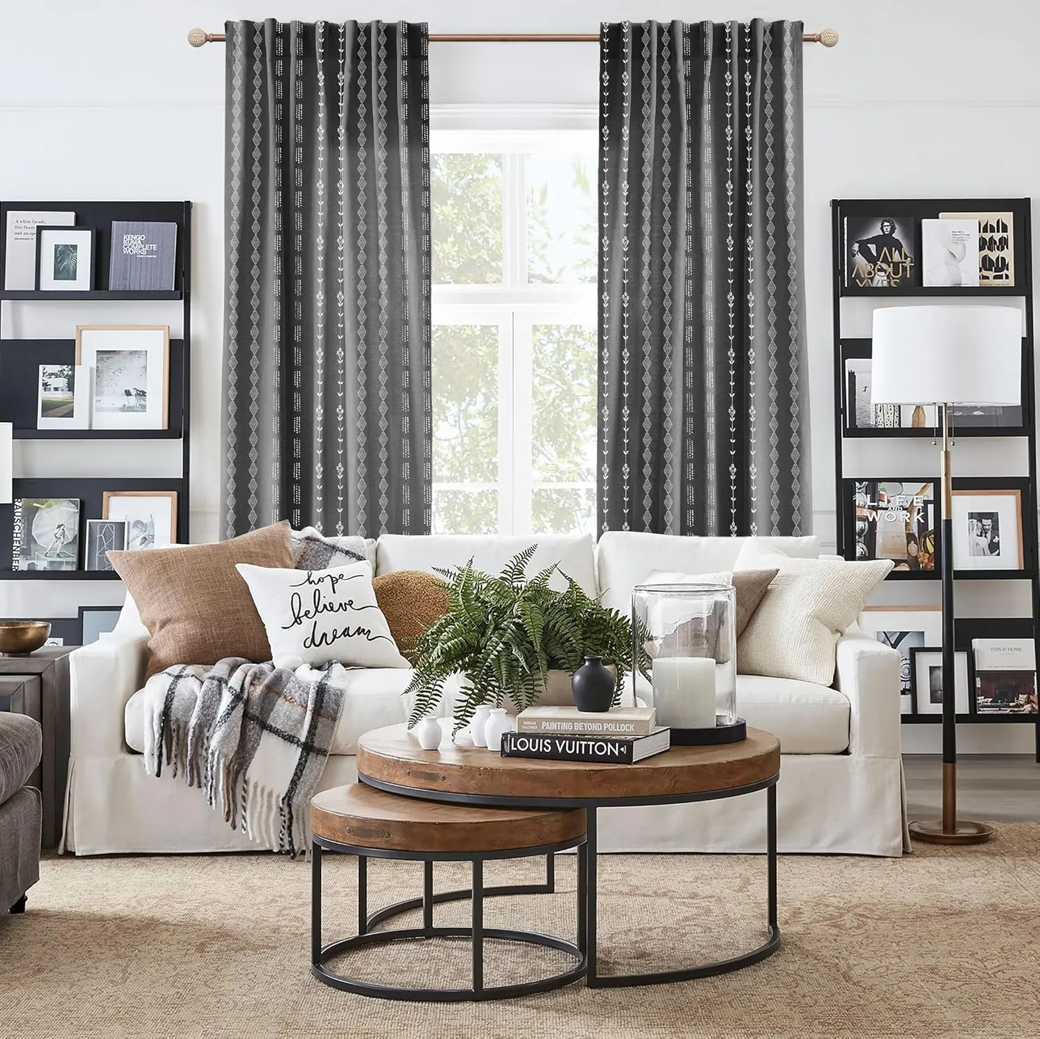 Black and White Boho Floral Curtains for Bedroom Living Room,Aztec Tribal Bohemian Striped Printed Pattern Sheer Curtains 84 Inches Long 2 Panels