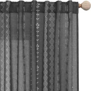 Black and White Boho Floral Curtains for Bedroom Living Room,Aztec Tribal Bohemian Striped Printed Pattern Sheer Curtains 84 Inches Long 2 Panels