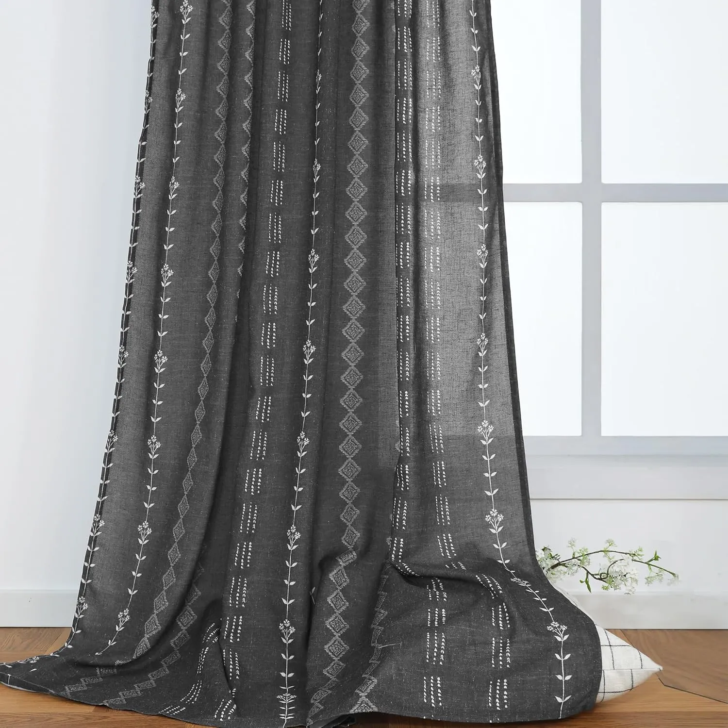 Black and White Boho Floral Curtains for Bedroom Living Room,Aztec Tribal Bohemian Striped Printed Pattern Sheer Curtains 84 Inches Long 2 Panels