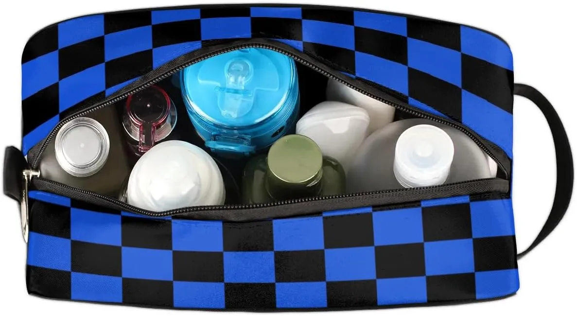 Black Blue Checkerboard Hanging Toiletry Bag,Travel Hygiene Kits for Boys Mens,Waterproof Makeup Carry-on Bags,Cosmetic Bag,TSA Approved Shave Dopp Kit for Toiletries Shower Bathroom Accessories Gifts