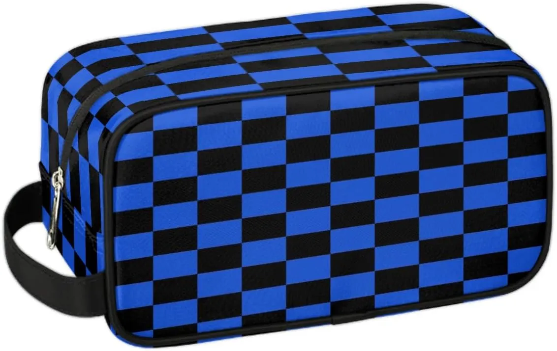 Black Blue Checkerboard Hanging Toiletry Bag,Travel Hygiene Kits for Boys Mens,Waterproof Makeup Carry-on Bags,Cosmetic Bag,TSA Approved Shave Dopp Kit for Toiletries Shower Bathroom Accessories Gifts
