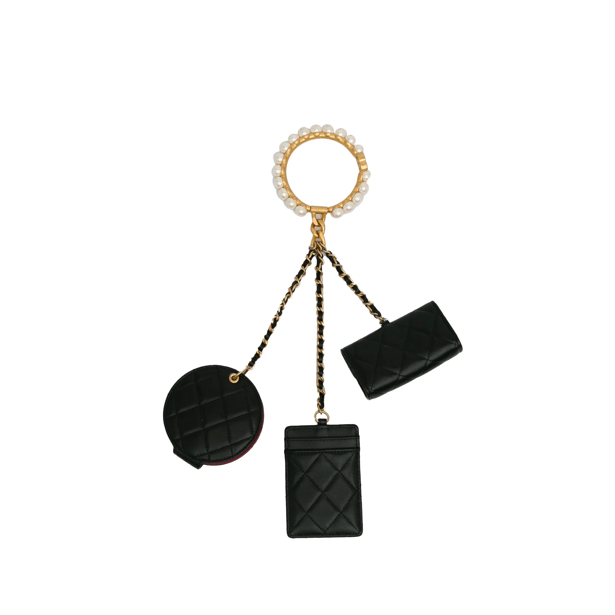 Black Chanel Lambskin Pearl Crown CC Wristlet Multi Pouches Clutch Bag