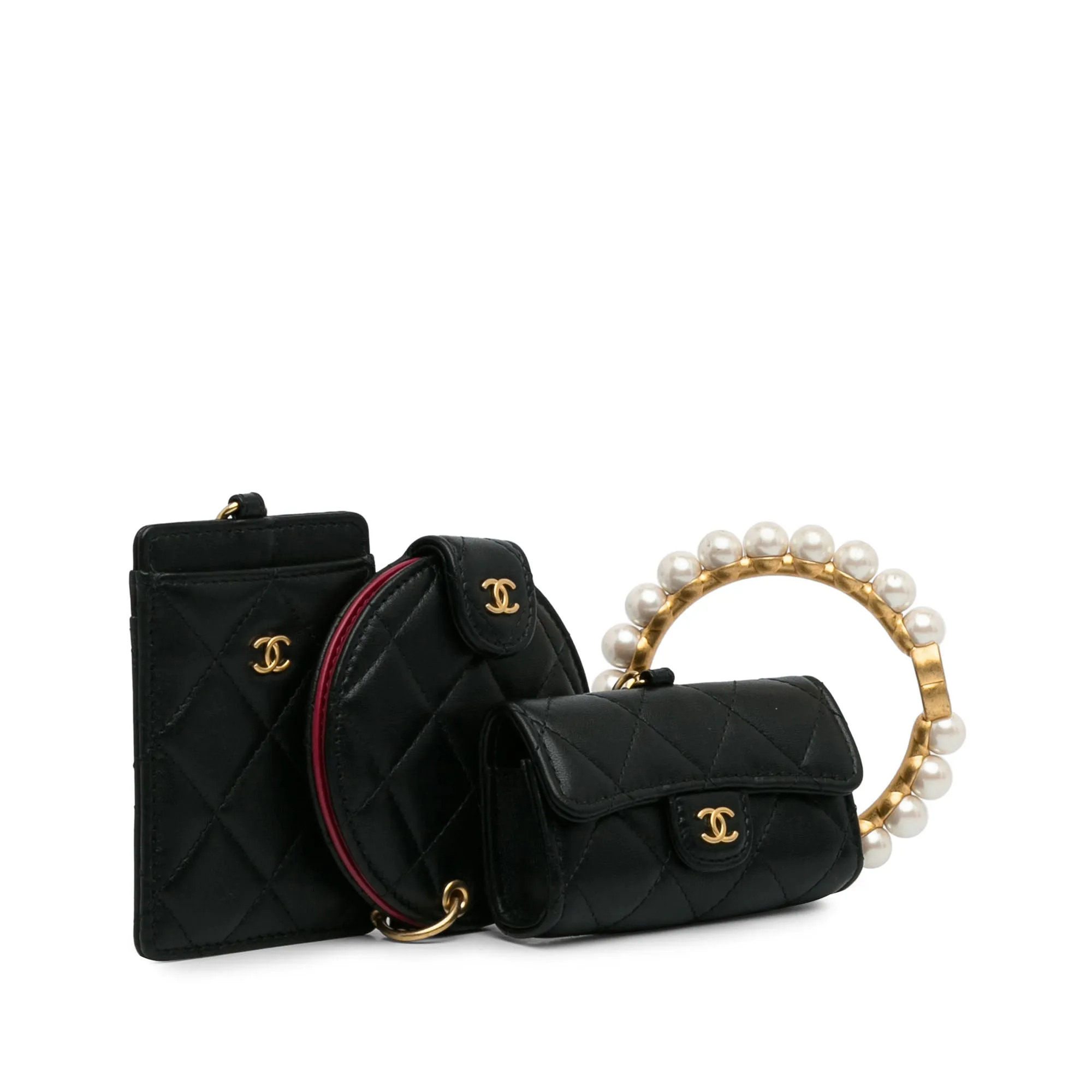 Black Chanel Lambskin Pearl Crown CC Wristlet Multi Pouches Clutch Bag