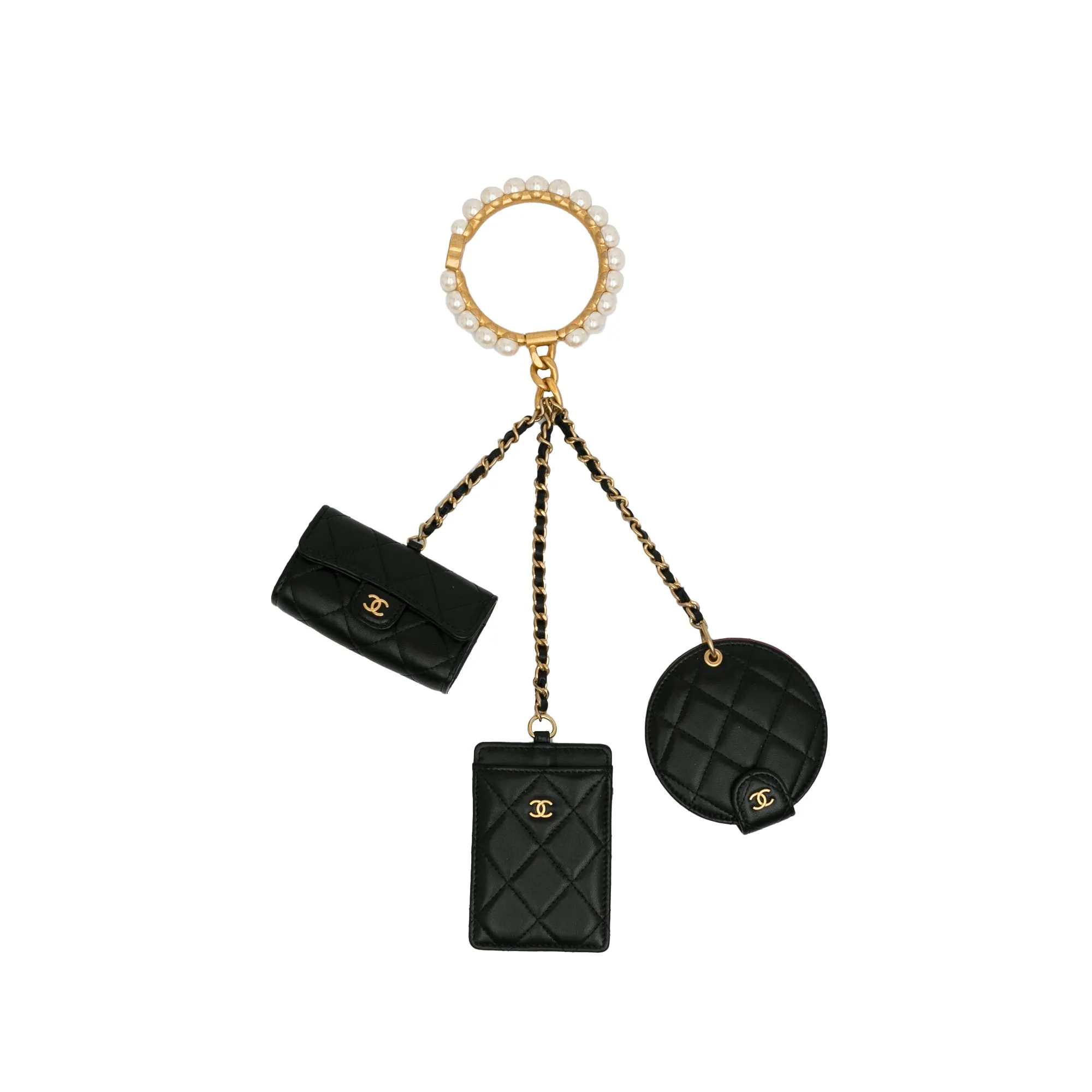 Black Chanel Lambskin Pearl Crown CC Wristlet Multi Pouches Clutch Bag