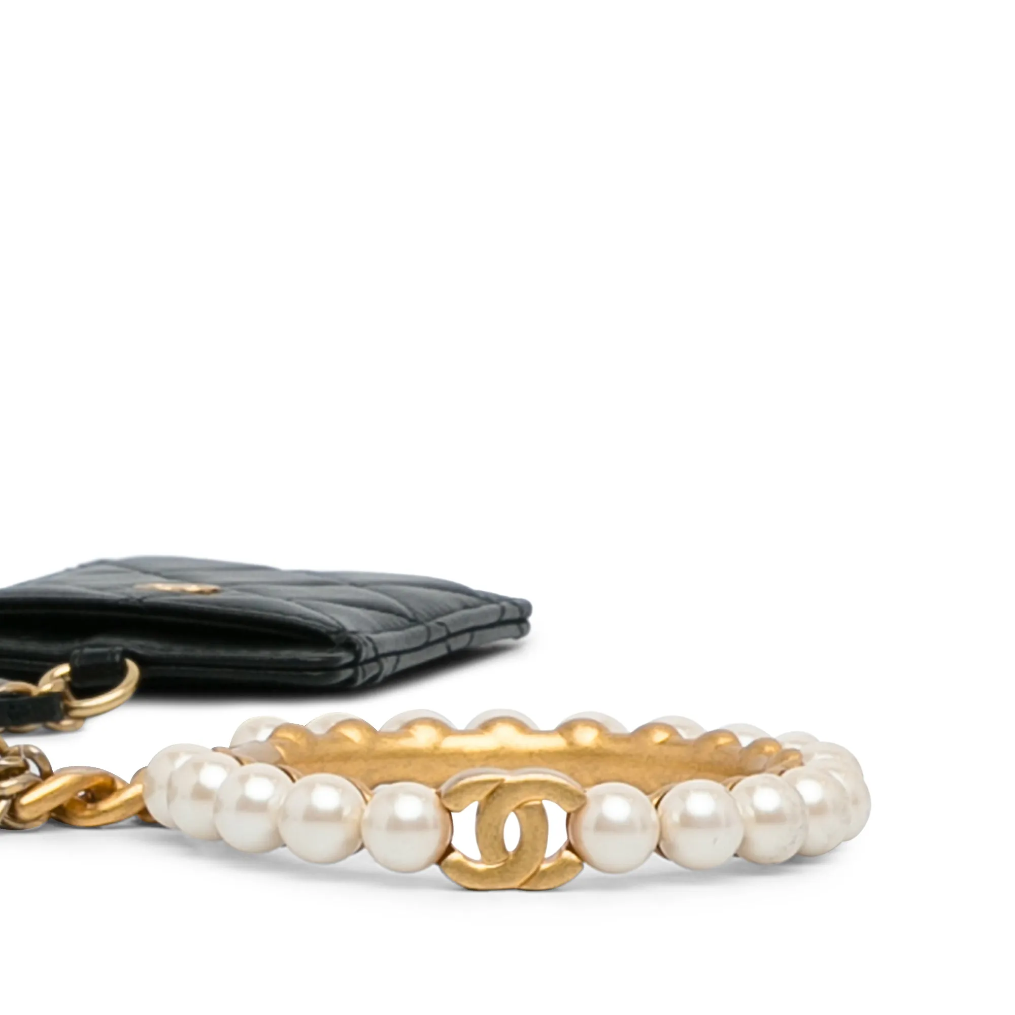 Black Chanel Lambskin Pearl Crown CC Wristlet Multi Pouches Clutch Bag